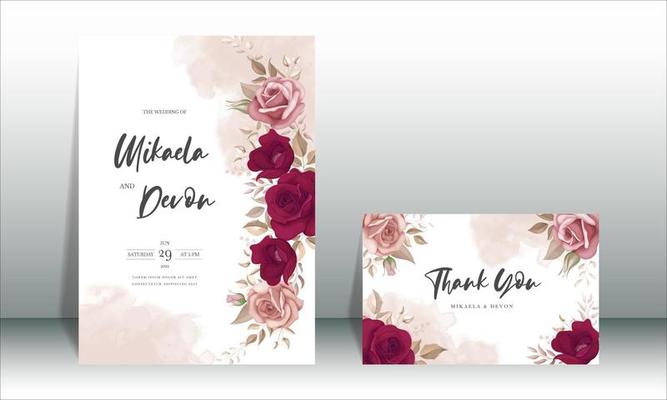 Elegant wedding invitation card with beautiful maroon roses