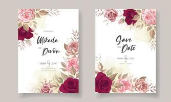 elegante tarjeta de invitación de boda con hermosas rosas granate vector