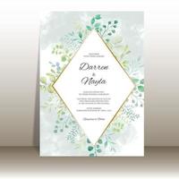 Elegant wedding invitation template with watercolor leaves vector