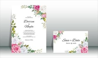 Invitación de boda floral con hermosas flores y hojas. vector