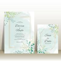 Elegant wedding invitation template with watercolor leaves vector