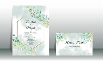 Elegant wedding invitation template with watercolor leaves vector
