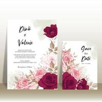 elegante tarjeta de invitación de boda con hermosas rosas granate vector