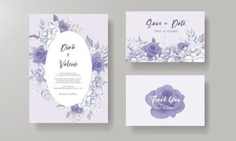 hermosa tarjeta de invitación de boda con decoración de flores moradas vector