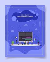 video production people around big screen computer editing camera vector