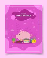 family saving people around piggy bank car house calculator coin vector