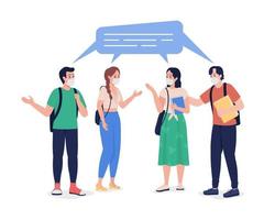 Young students chatting in masks semi flat color vector character