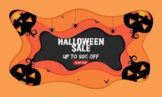 Halloween Sale Pumpkin Spider Bat Paper Style vector