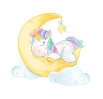 lindo unicornio durmiendo en la luna ilustración vector