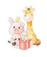 amigos de dibujos animados de animales lindos con ilustración de caja de regalo vector