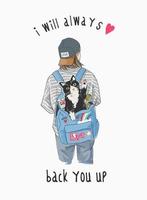 typography slogan with girl carrying cat in backpack illustration vector