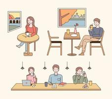 People sitting in cafe and drinking coffee. vector