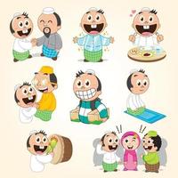 set of moslem cartoon character doing activity on ramadhan mubarak vector
