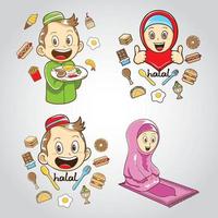 set of moslem kid with junk food and healthy food vector