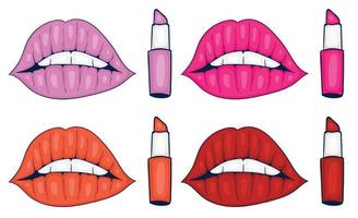 Labios y lápiz labial coloridos dibujados a mano con diferentes colores. vector