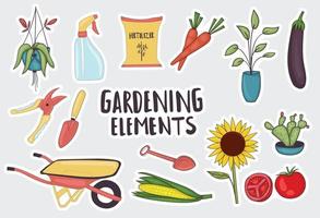 colorida colección de pegatinas de elementos de jardinería dibujados a mano vector