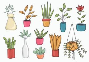 conjunto de ilustración colorida de planta en maceta dibujada a mano vector