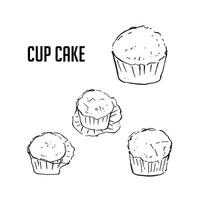 Cup Cake, Drawing Sketch Black and White Vector