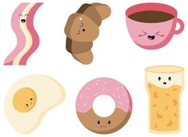 set of delicious food for breakfast in kawaii and hand drawn style. vector