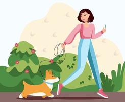 Ilustración del concepto de niña caminando con corgi en el parque. vector