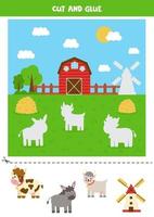 Cut farm animals and glue them into field. Game for kids. vector