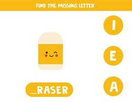 Find missing letter with cute yellow eraser. Spelling worksheet. vector