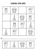 juego de sudoku para niños con lindos útiles escolares en blanco y negro. vector