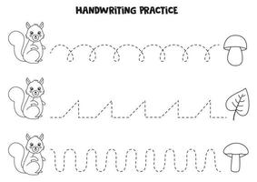 Tracing lines with cute black and white squirrel. Writing practice. vector