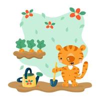 tigre de dibujos animados lindo en el jardín vector