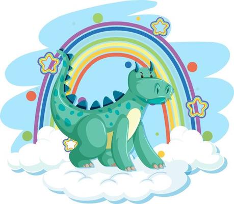 Cute green dragon on the cloud with rainbow