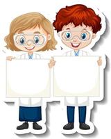 Cartoon character sticker with couple scientists in science gown vector