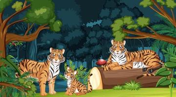 familia de tigre en el fondo del paisaje forestal vector