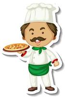 Sticker template with a chef man holds pizza tray isolated vector