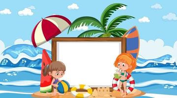 Plantilla de banner vacío con niños de vacaciones en la escena diurna de la playa vector