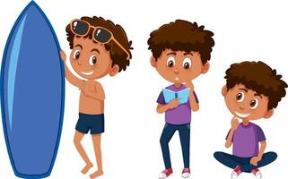 conjunto de un personaje de dibujos animados de niño haciendo diferentes actividades vector