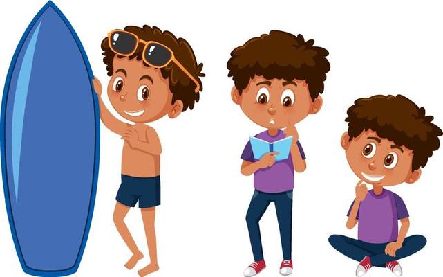 Set of a boy cartoon character doing different activities