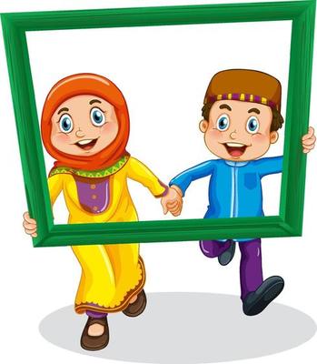 Cute muslim boy and girl photo on wooden frame