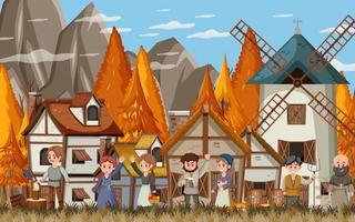 Medieval town scene with villagers vector