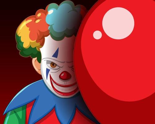 Creepy clown smiling with red balloon