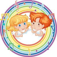 Cupid couple in rainbow round frame with melody symbol vector