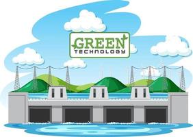 Las plantas hidroeléctricas generan electricidad con banner verde. vector