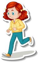 Cartoon character sticker with a girl jogging on white background