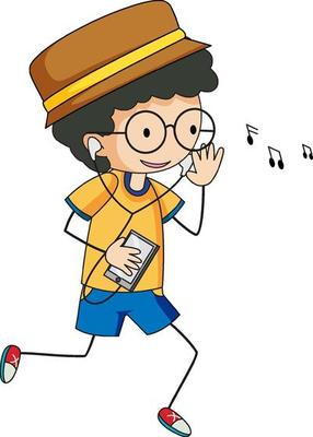 Cute boy listening music doodle cartoon character isolated