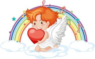 Cupido niño en la nube con símbolos de melodía en arco iris vector