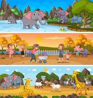 Different panoramic nature landscape set with cartoon character vector