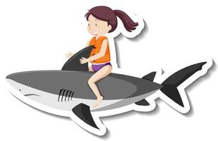 A girl ride inflatable shark cartoon sticker vector