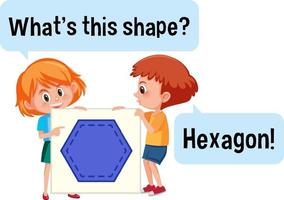 Kids holding hexagon shape banner with What's this shape font vector