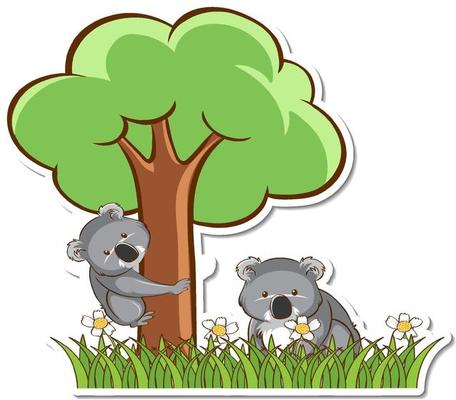 Koala mom and baby standing in grass field sticker