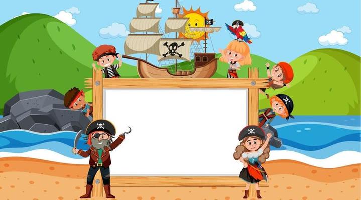 Empty wooden frame with many pirate kids at the beach