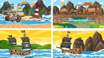 Different scenes with animals in the zoo and pirate ship at the sea vector